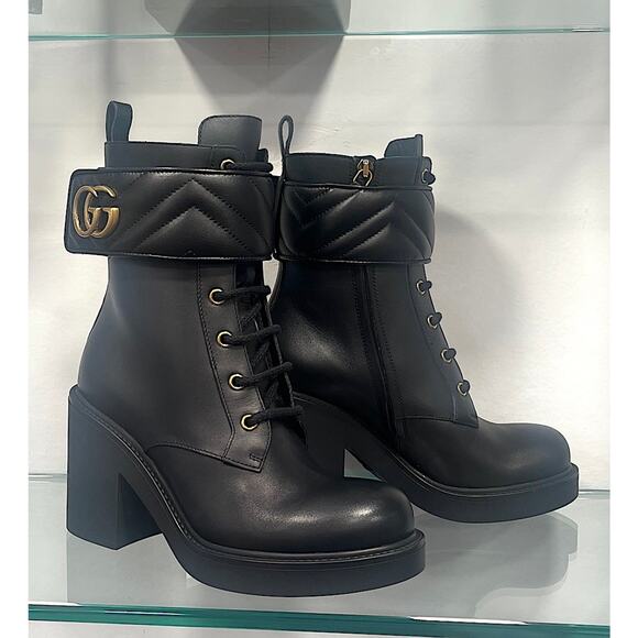 Gucci Double G Marmont Leather Combat Ankle Boots Lace up Black Gold 38 - Picture 8 of 10